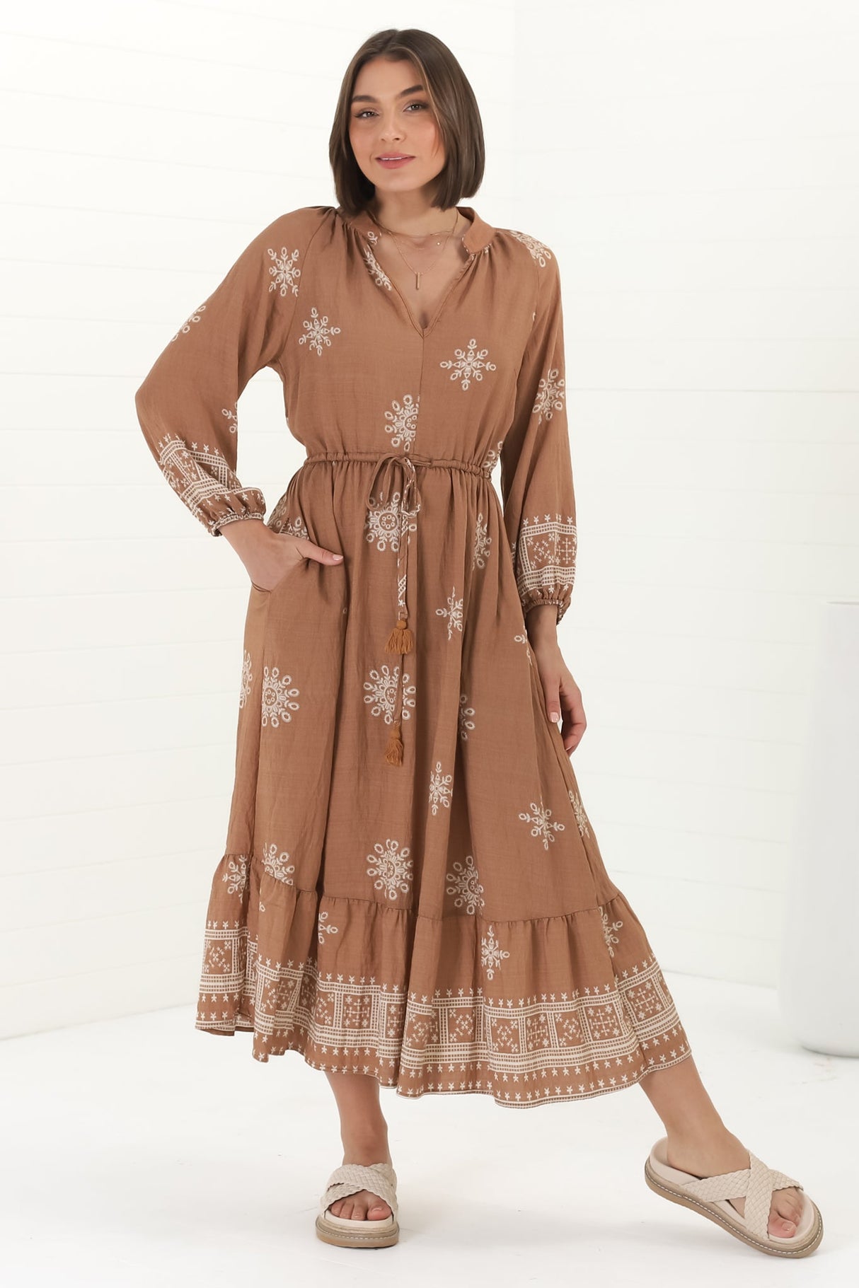 Sullivan Midi Dress - Mandarin Collar 3/4 Sleeve Dress with Pull Tie Waist in Lula Print Rust