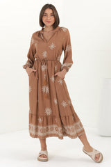 Sullivan Midi Dress - Mandarin Collar 3/4 Sleeve Dress with Pull Tie Waist in Lula Print Rust