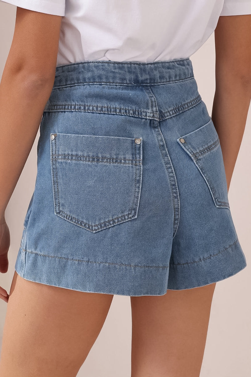 Sullivan Shorts - High Waisted Button Fold Pocket Denim Shorts in Mid Wash Denim