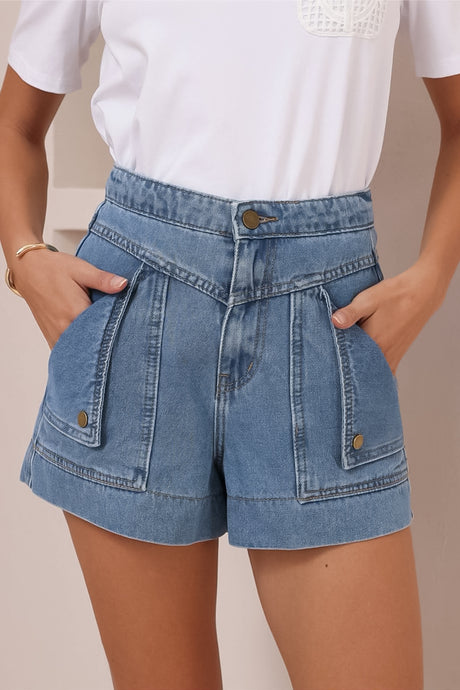 Sullivan Shorts - High Waisted Button Fold Pocket Denim Shorts in Mid Wash Denim