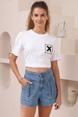 Sullivan Shorts - High Waisted Button Fold Pocket Denim Shorts in Mid Wash Denim