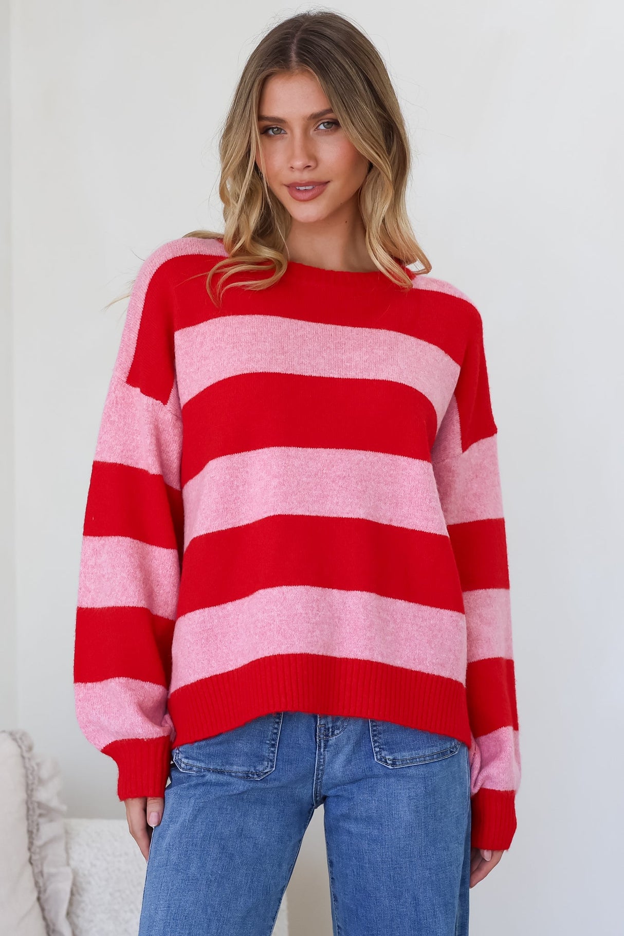 Sumner Jumper - Crew Neck Stripe Knit with Ribbed Hemlines in Red