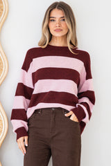 Sumner Jumper - Crew Neck Stripe Knit with Ribbed Hemlines in Wine/Pink