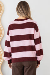 Sumner Jumper - Crew Neck Stripe Knit with Ribbed Hemlines in Wine/Pink