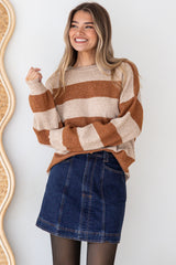 Sumner Jumper - Crew Neck Stripe Knit with Ribbed Hemlines in Mocha/Oatmeal