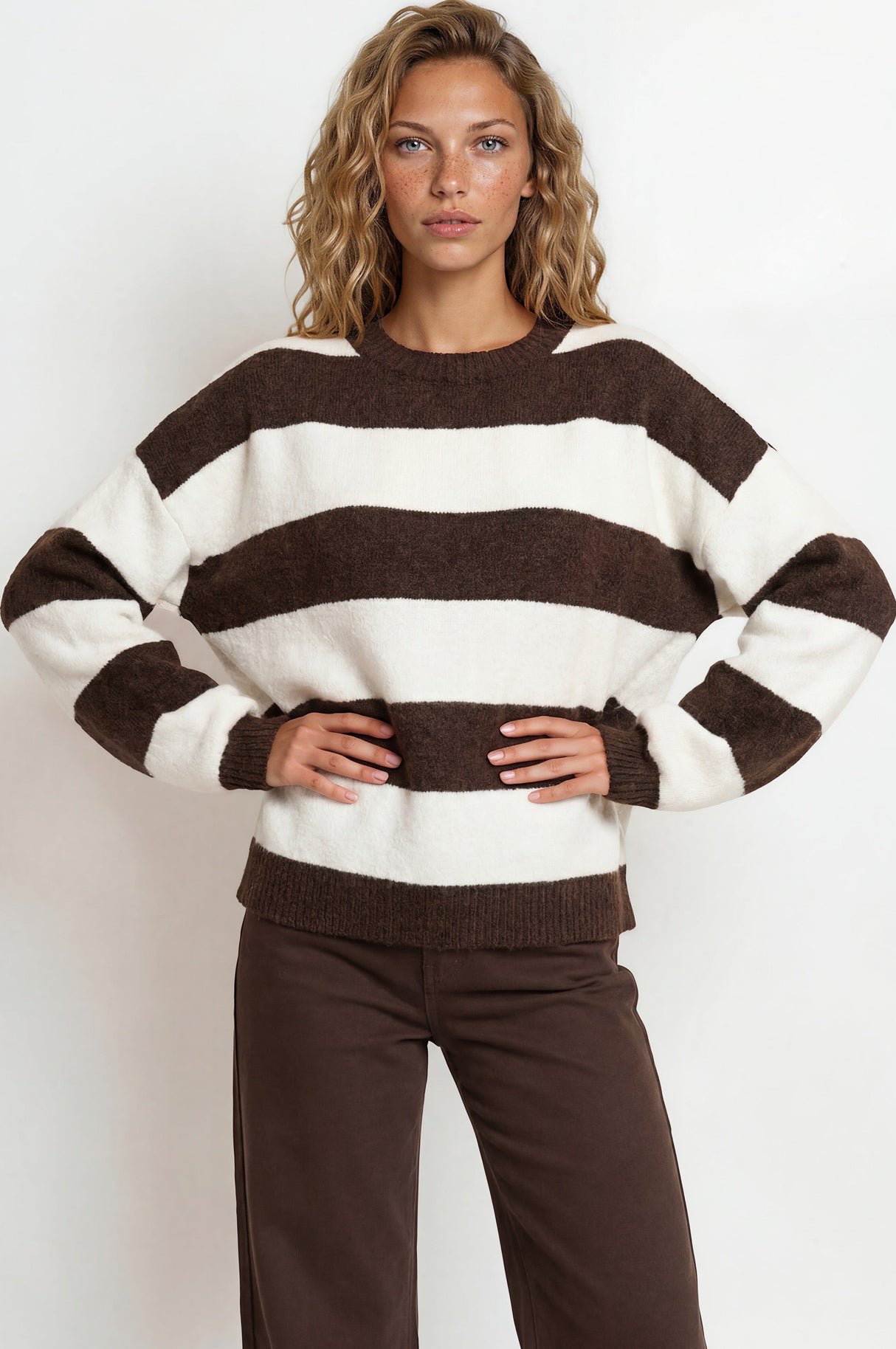 Model wearingSumner Jumper in Chocolate/White from Salty Crush
