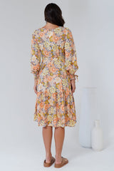 Suni Midi Dress - A-Line Dress with Tiered Skirt and Long Sleeves in Avianna Print