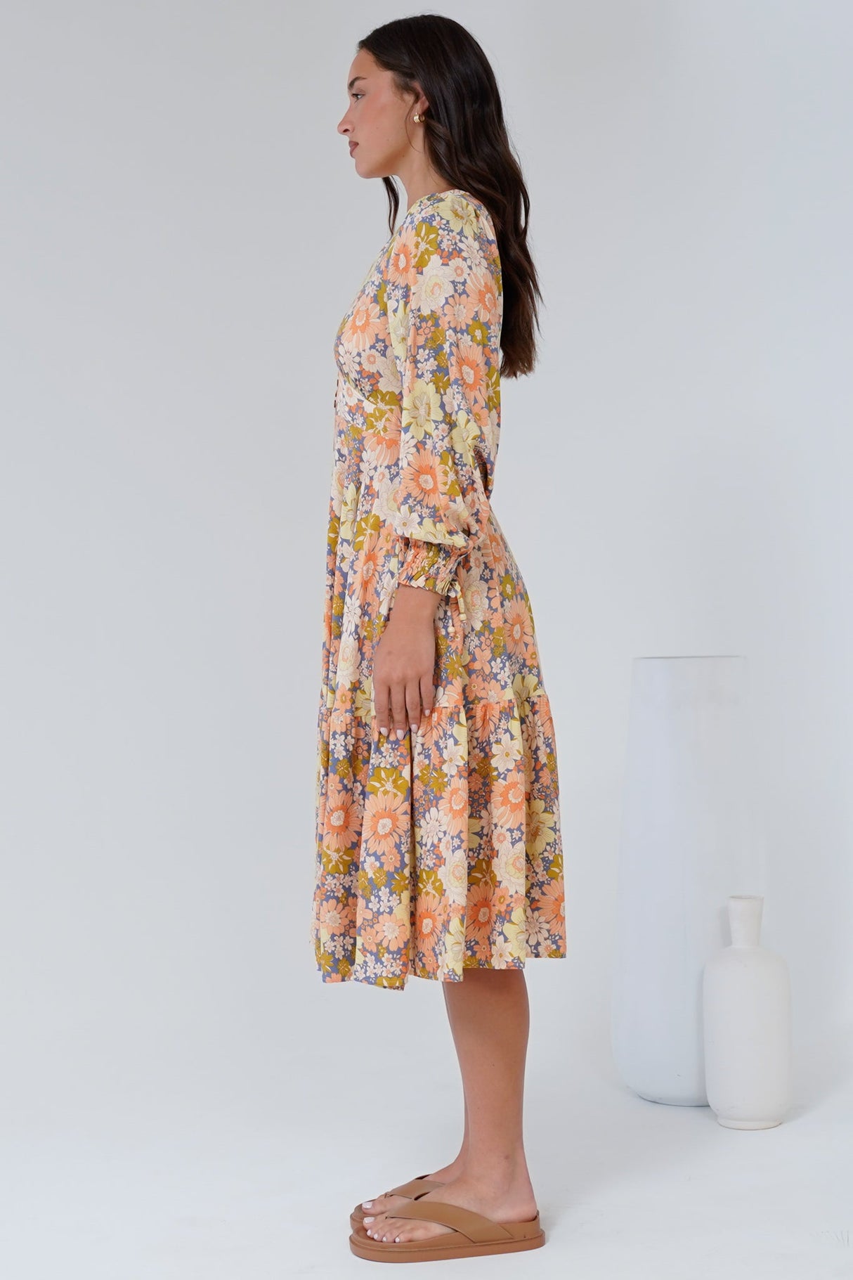 Suni Midi Dress - A-Line Dress with Tiered Skirt and Long Sleeves in Avianna Print