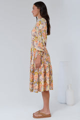 Suni Midi Dress - A-Line Dress with Tiered Skirt and Long Sleeves in Avianna Print