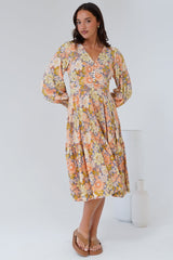 Suni Midi Dress - A-Line Dress with Tiered Skirt and Long Sleeves in Avianna Print