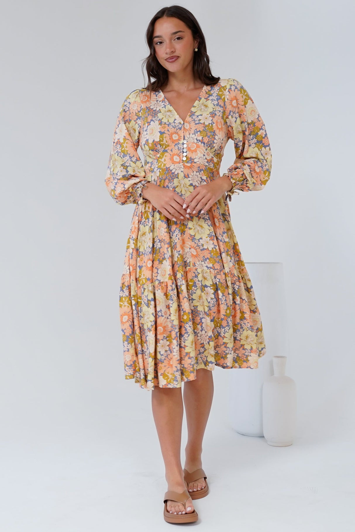 Suni Midi Dress - A-Line Dress with Tiered Skirt and Long Sleeves in Avianna Print