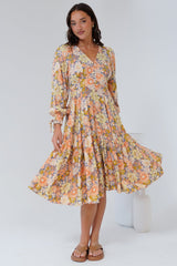 Suni Midi Dress - A-Line Dress with Tiered Skirt and Long Sleeves in Avianna Print