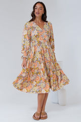 Suni Midi Dress - A-Line Dress with Tiered Skirt and Long Sleeves in Avianna Print
