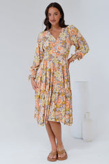 Suni Midi Dress - A-Line Dress with Tiered Skirt and Long Sleeves in Avianna Print