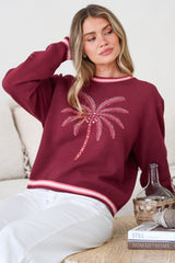 Sunnie Jumper - Crew Neck Palm Graphic Knit Jumper in Wine