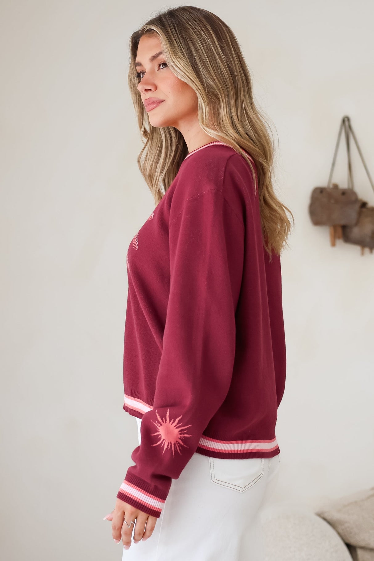 Sunnie Jumper - Crew Neck Palm Graphic Knit Jumper in Wine