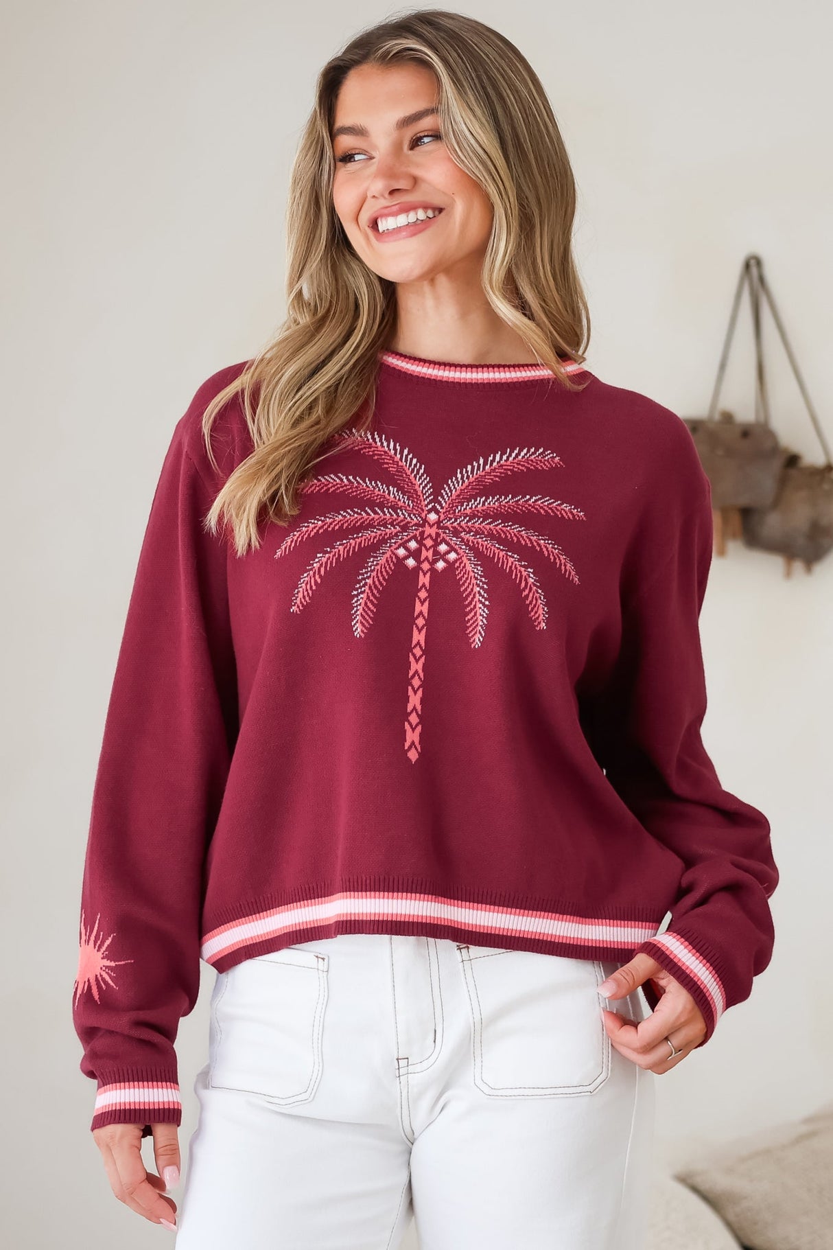 Sunnie Jumper - Crew Neck Palm Graphic Knit Jumper in Wine