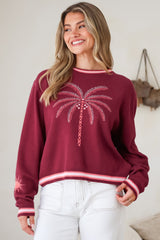 Sunnie Jumper - Crew Neck Palm Graphic Knit Jumper in Wine