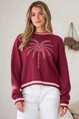 Sunnie Jumper - Crew Neck Palm Graphic Knit Jumper in Wine