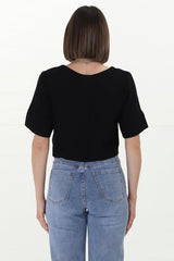 Susan Top - Boxy V-Neckline Linen Crop Top in Black