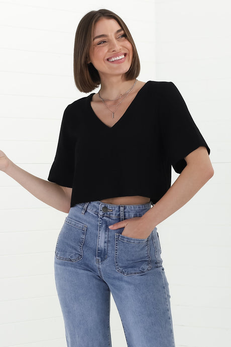 Susan Top - Boxy V-Neckline Linen Crop Top in Black