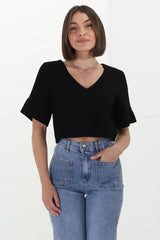 Susan Top - Boxy V-Neckline Linen Crop Top in Black