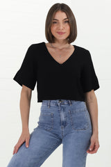 Susan Top - Boxy V-Neckline Linen Crop Top in Black