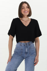 Susan Top - Boxy V-Neckline Linen Crop Top in Black