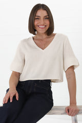 Susan Top - Boxy V-Neckline Linen Crop Top in Oat