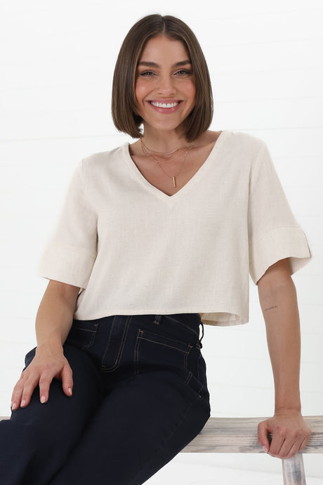 Susan Top - Boxy V-Neckline Linen Crop Top in Oat