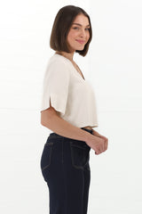 Susan Top - Boxy V-Neckline Linen Crop Top in Oat