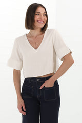 Susan Top - Boxy V-Neckline Linen Crop Top in Oat