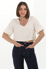 Susan Top - Boxy V-Neckline Linen Crop Top in Oat