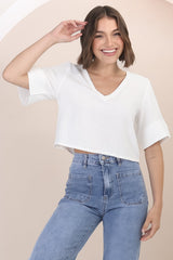 Susan Top - Boxy V-Neckline Linen Crop Top in White