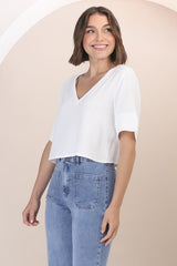 Susan Top - Boxy V-Neckline Linen Crop Top in White