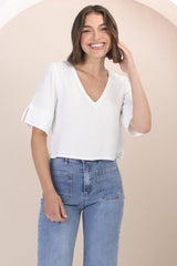 Susan Top - Boxy V-Neckline Linen Crop Top in White