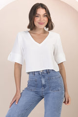 Susan Top - Boxy V-Neckline Linen Crop Top in White