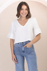 Susan Top - Boxy V-Neckline Linen Crop Top in White