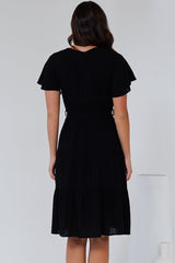 Susannah Mini Dress - V-Neck Flutter Sleeve A-Line Dress in Black