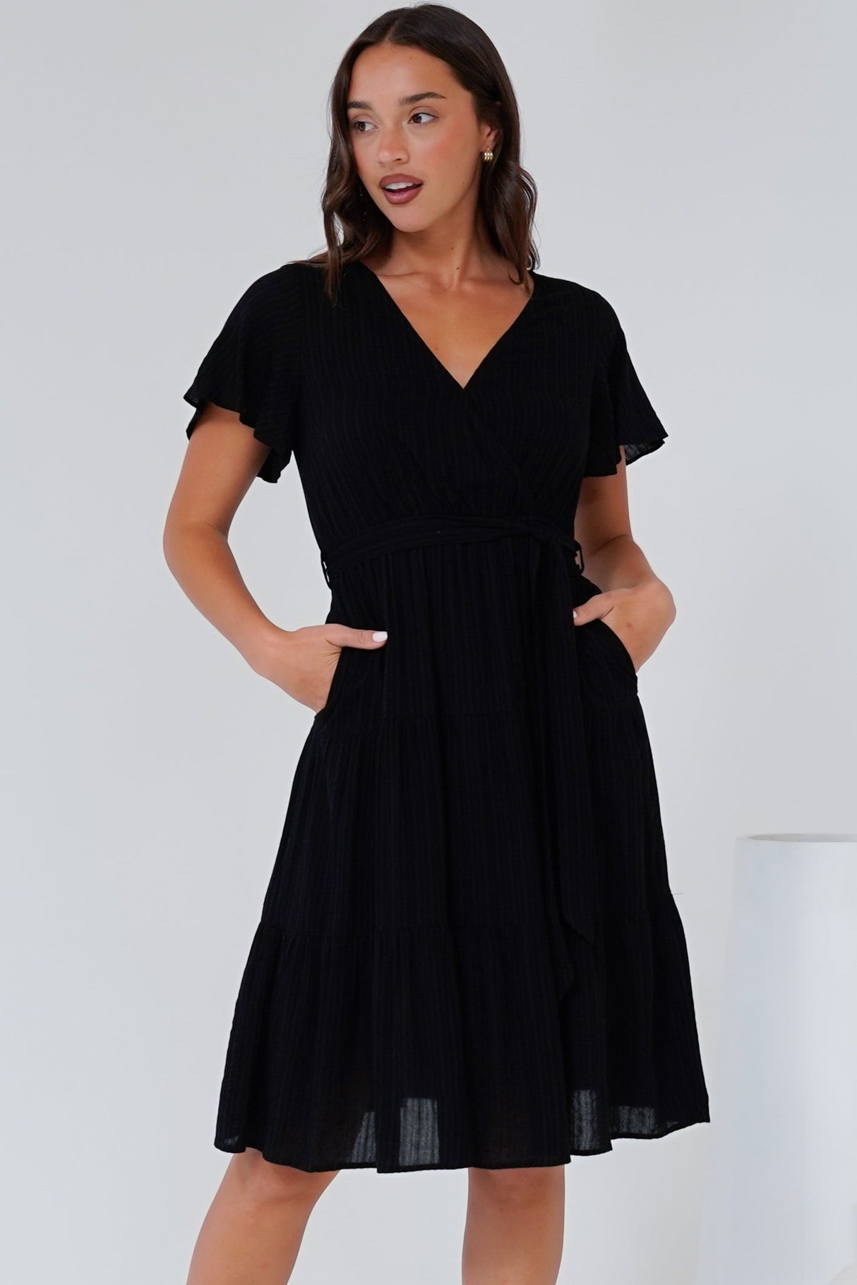 Susannah Mini Dress - V-Neck Flutter Sleeve A-Line Dress in Black