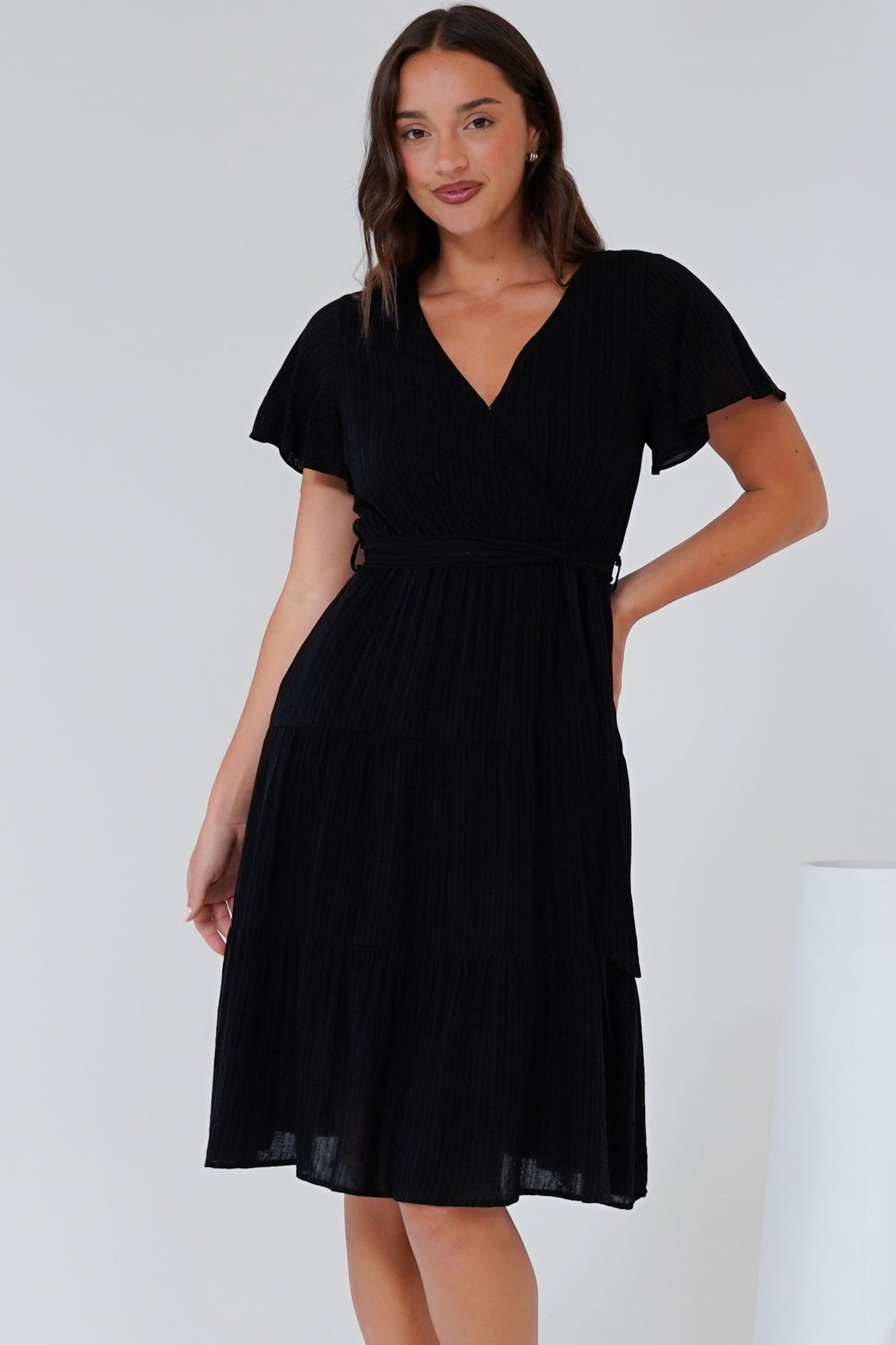 Susannah Mini Dress - V-Neck Flutter Sleeve A-Line Dress in Black