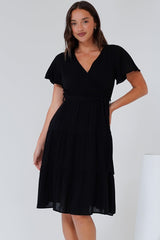 Susannah Mini Dress - V-Neck Flutter Sleeve A-Line Dress in Black