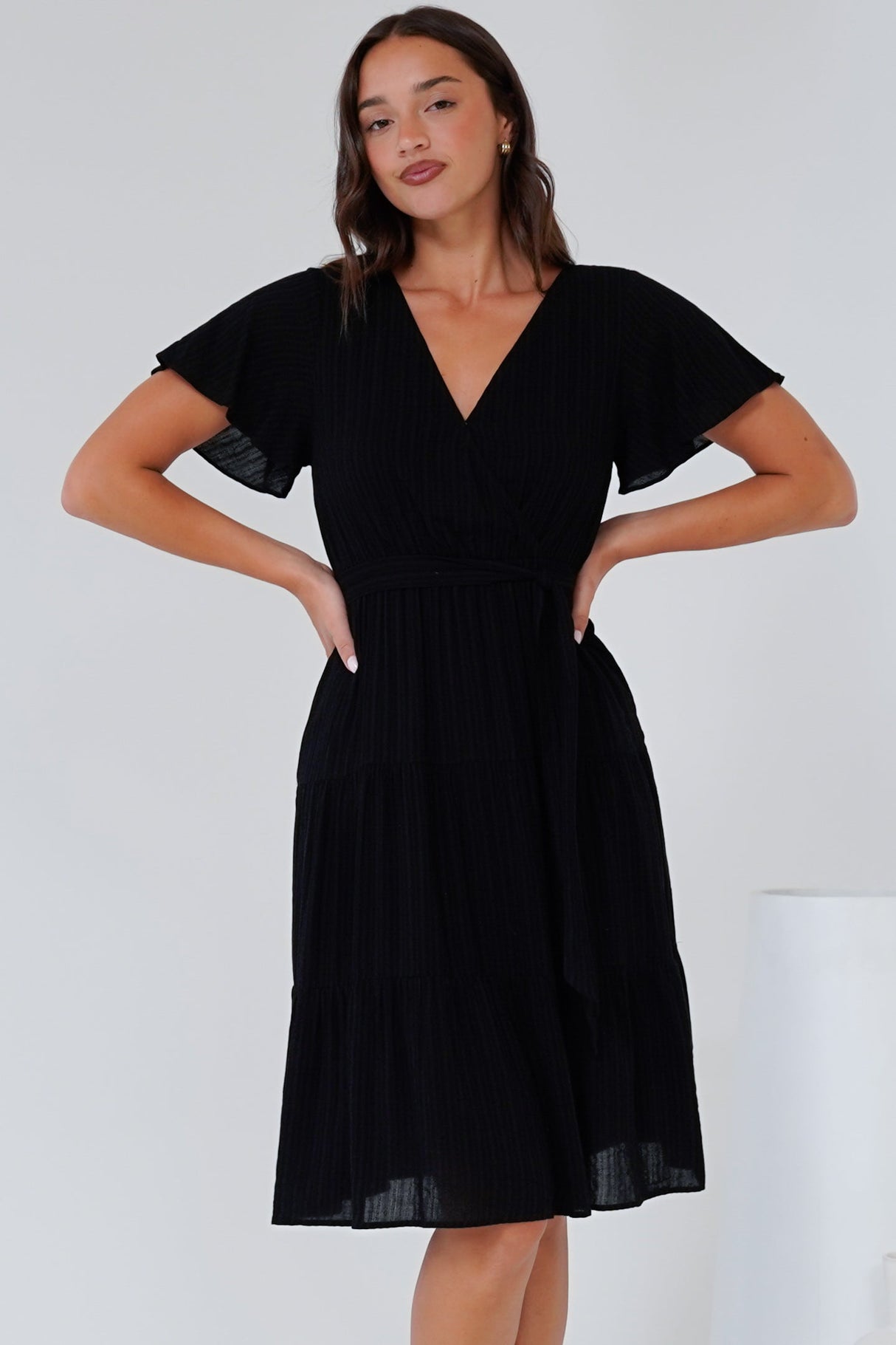 Susannah Mini Dress - V-Neck Flutter Sleeve A-Line Dress in Black