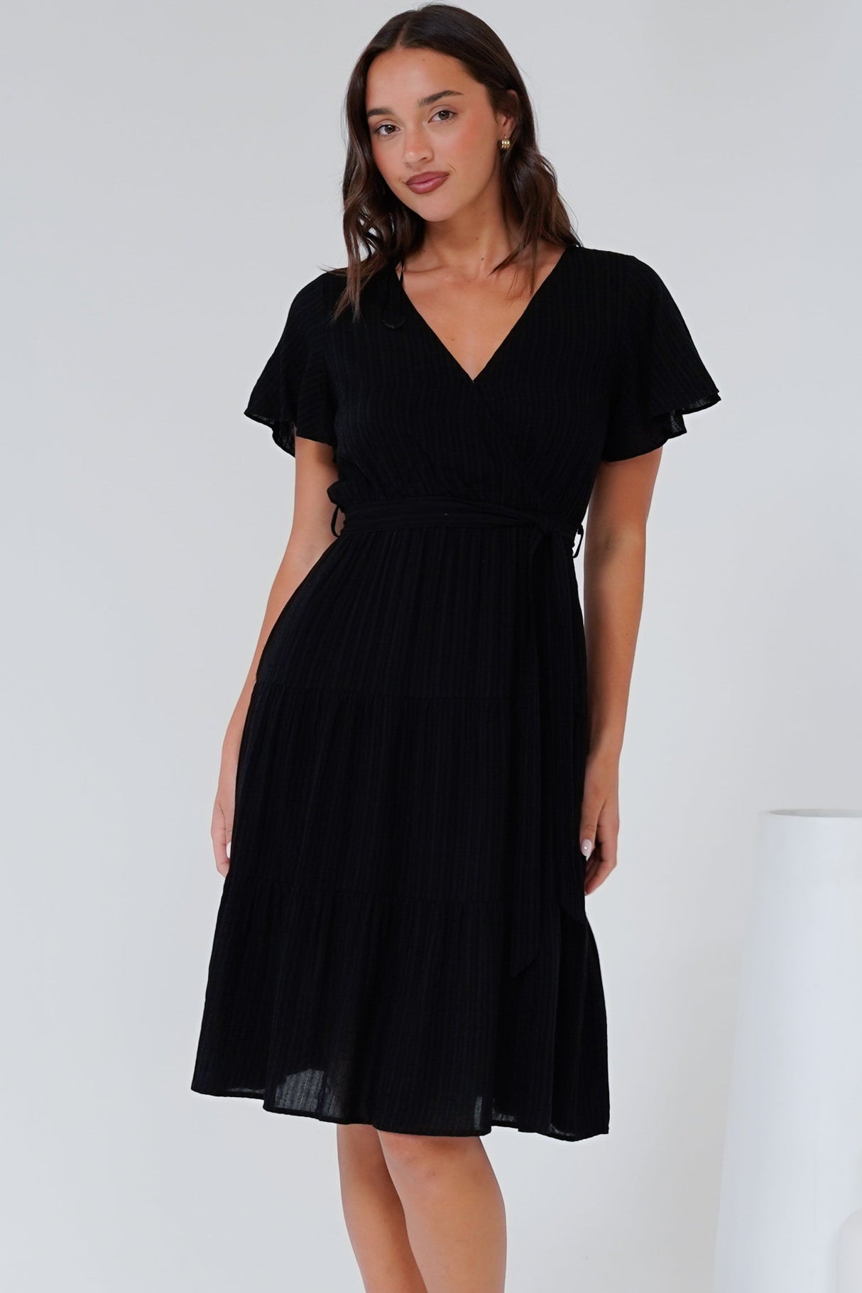 Susannah Mini Dress - V-Neck Flutter Sleeve A-Line Dress in Black