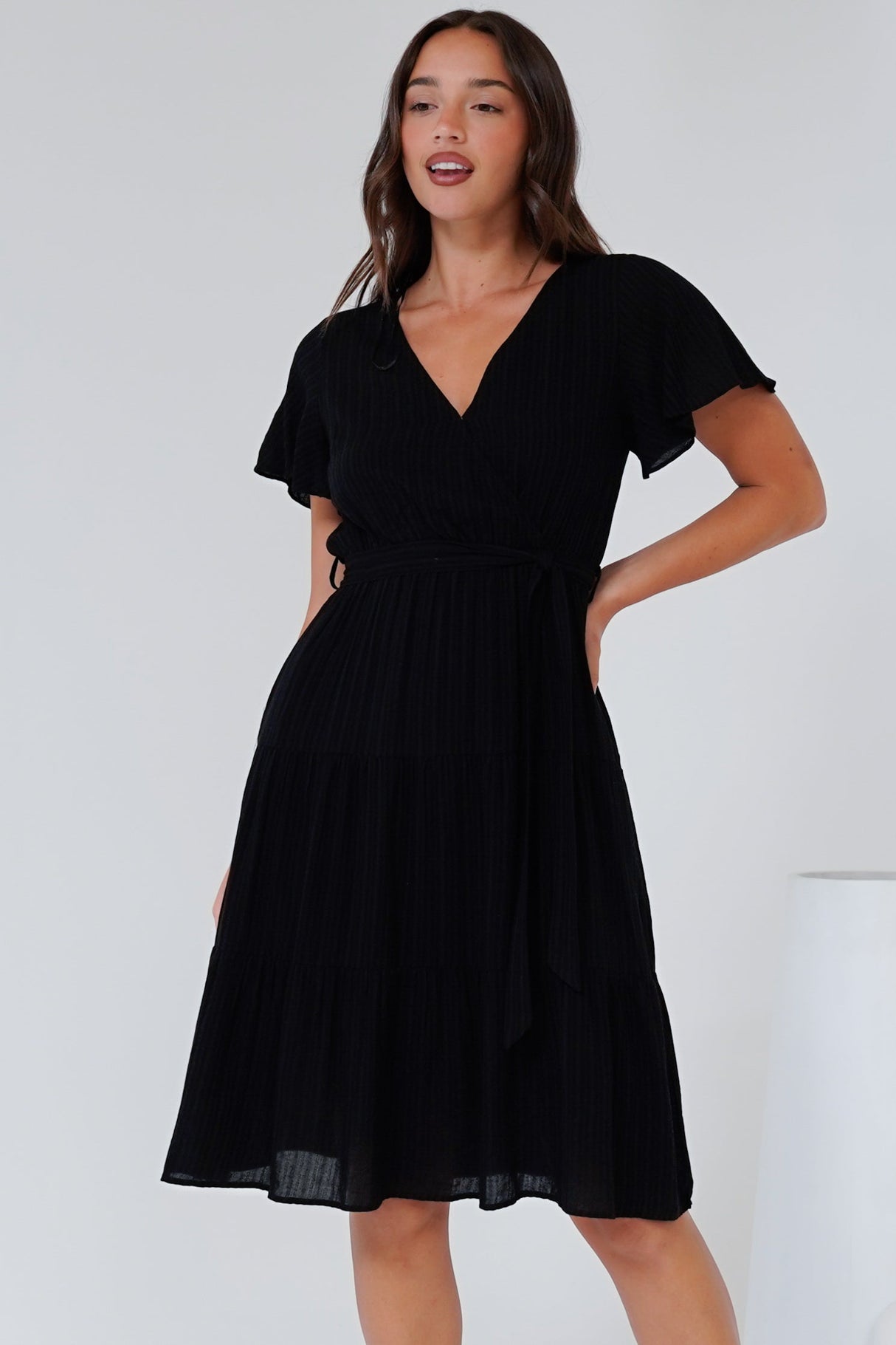 Susannah Mini Dress - V-Neck Flutter Sleeve A-Line Dress in Black