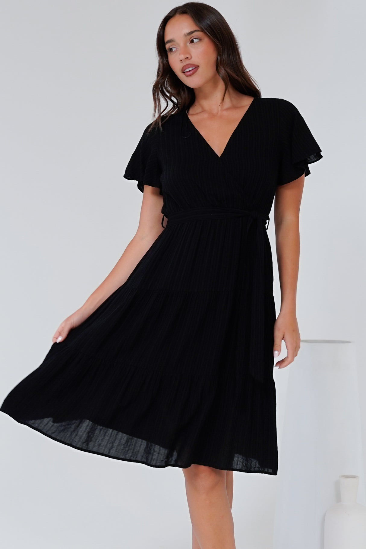 Susannah Mini Dress - V-Neck Flutter Sleeve A-Line Dress in Black