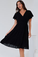 Susannah Mini Dress - V-Neck Flutter Sleeve A-Line Dress in Black