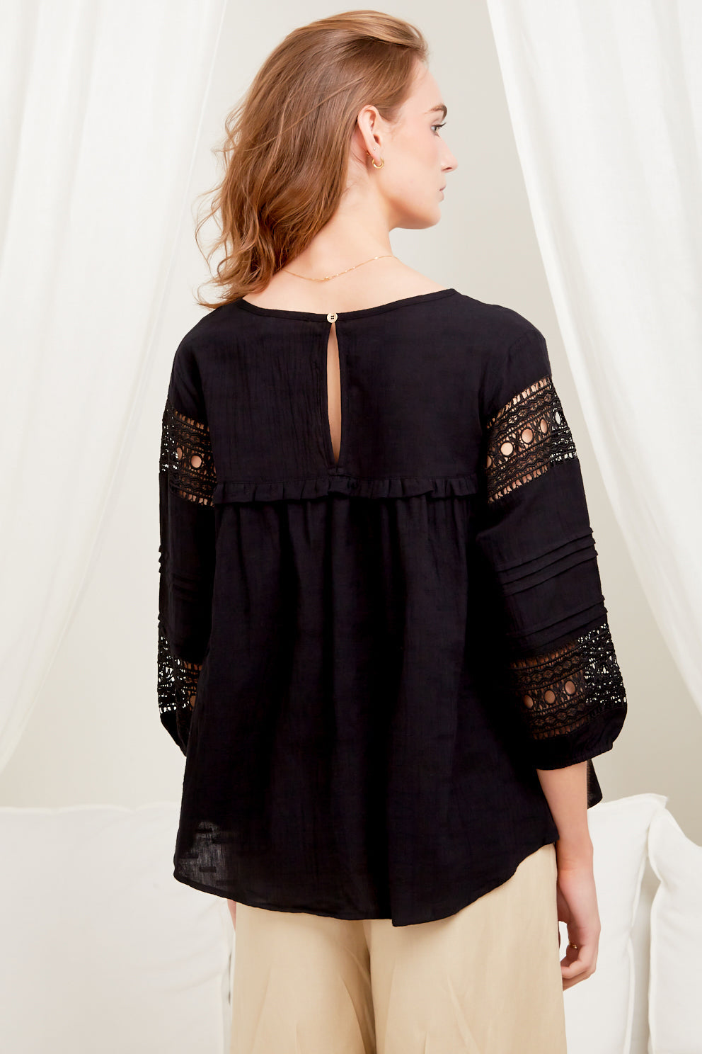 Susette Top - Buttoned Down Lace Insert Detailing Long Sleeve Top in Black