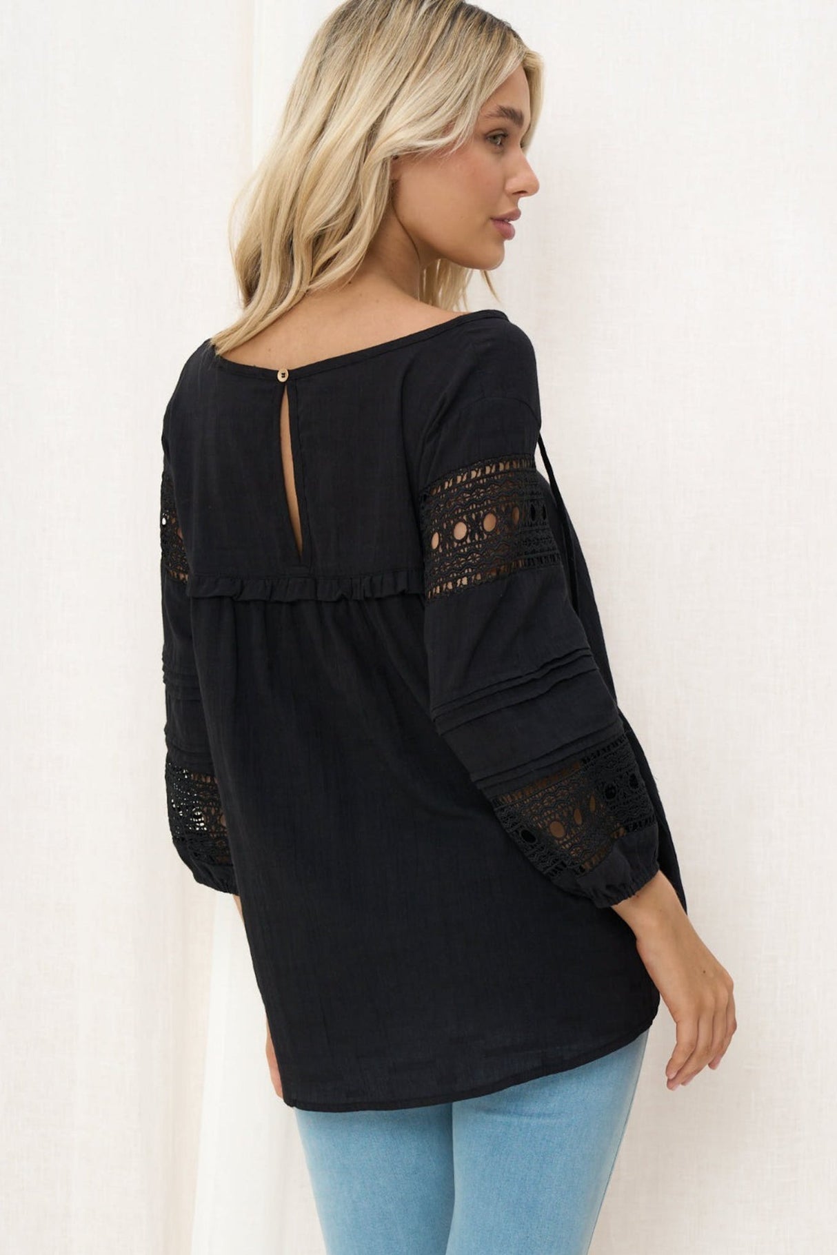 Susette Top - Buttoned Down Lace Insert Detailing Long Sleeve Top in Black