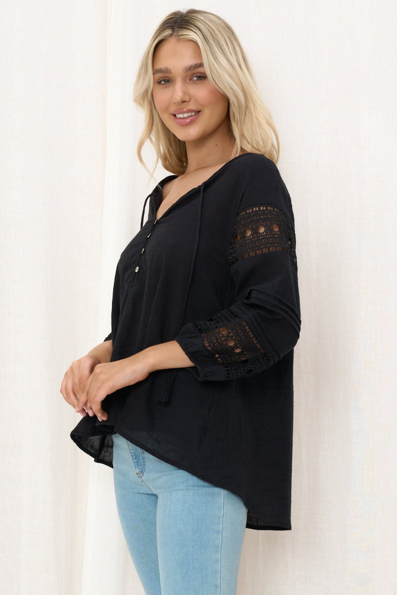Susette Top - Buttoned Down Lace Insert Detailing Long Sleeve Top in Black